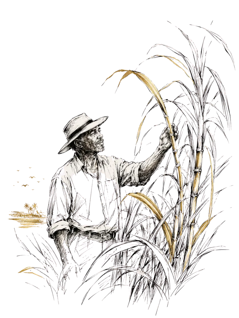 Cultivateur inspectant la canne dans les champs, illustration au crayon