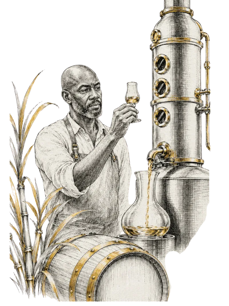Distillateur observant le rhum à la sortie de l'alambic, illustration au crayon