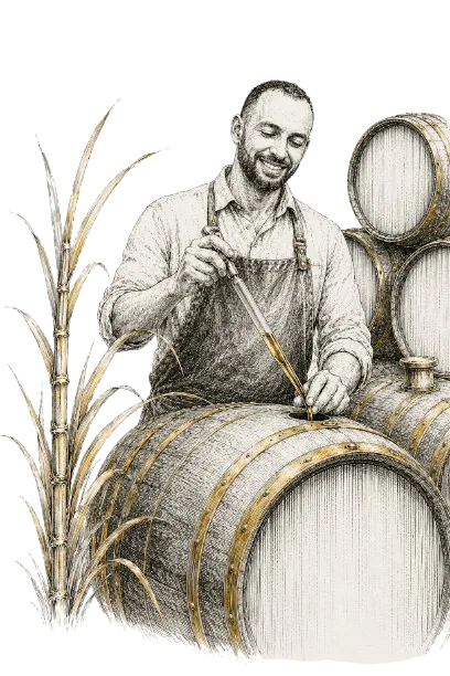 Maître de chai prélevant le rhum dans un fût, illustration au crayon